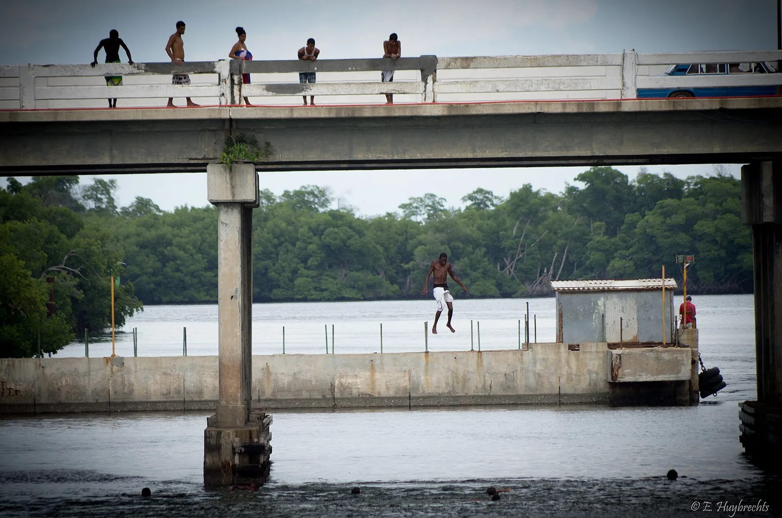 Youth jumping from the bridge